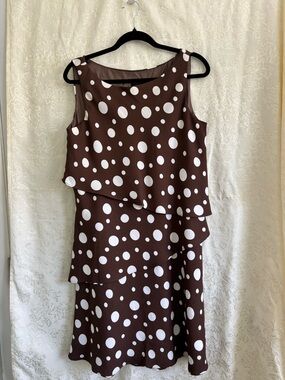 Vintage S.L. Fashions Brown/White Polka Dot Layered Sleeveless Dress, Size 14